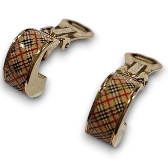 Burberry Authentic Vintage Y2K Gold & Plaid Check Huggie Clip-On Earrings w/ Box - Picture 4 of 8